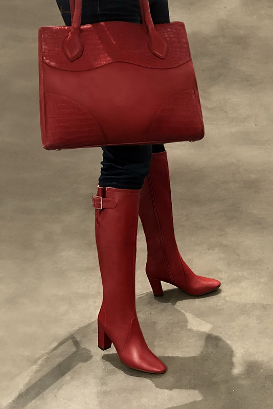 Scarlet red women's knee-high boots with buckles. Round toe. High block heels. Made to measure. Worn view - Florence KOOIJMAN